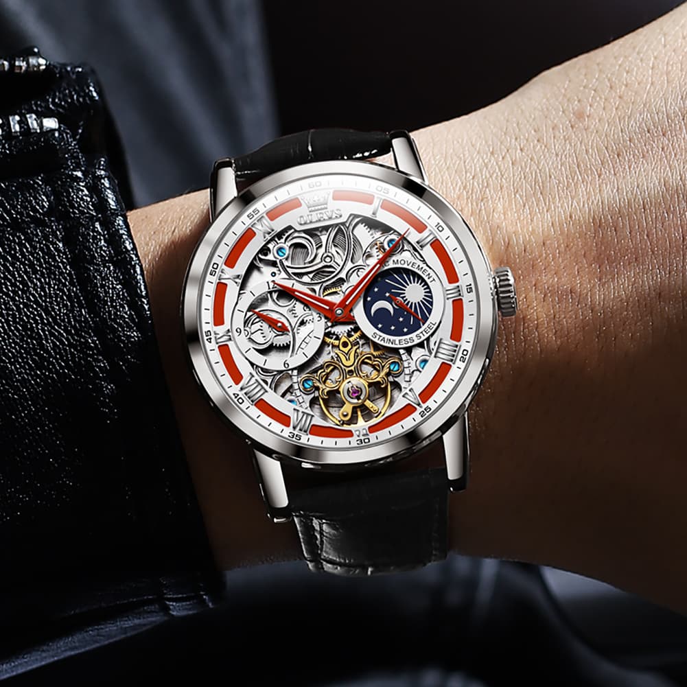 OLEVS 6670P Leather Skeleton Moon Phase Watch for Men