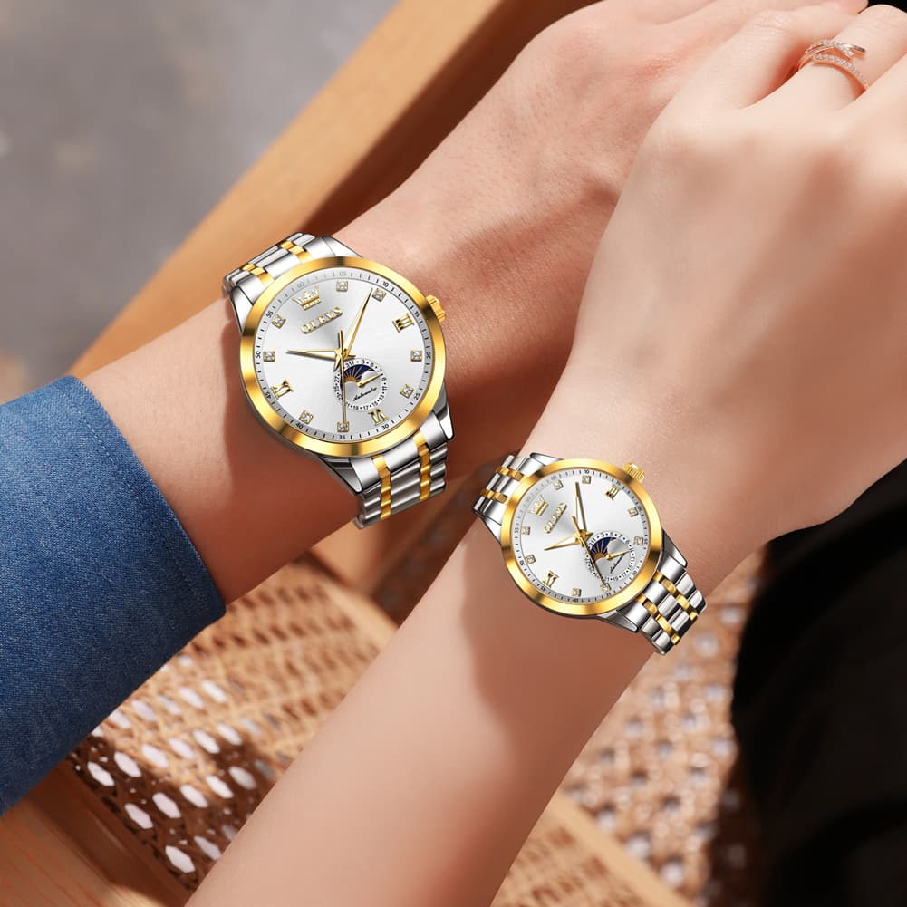OLEVS 7041 Solid Steel Moon Phase Couples Watch Set