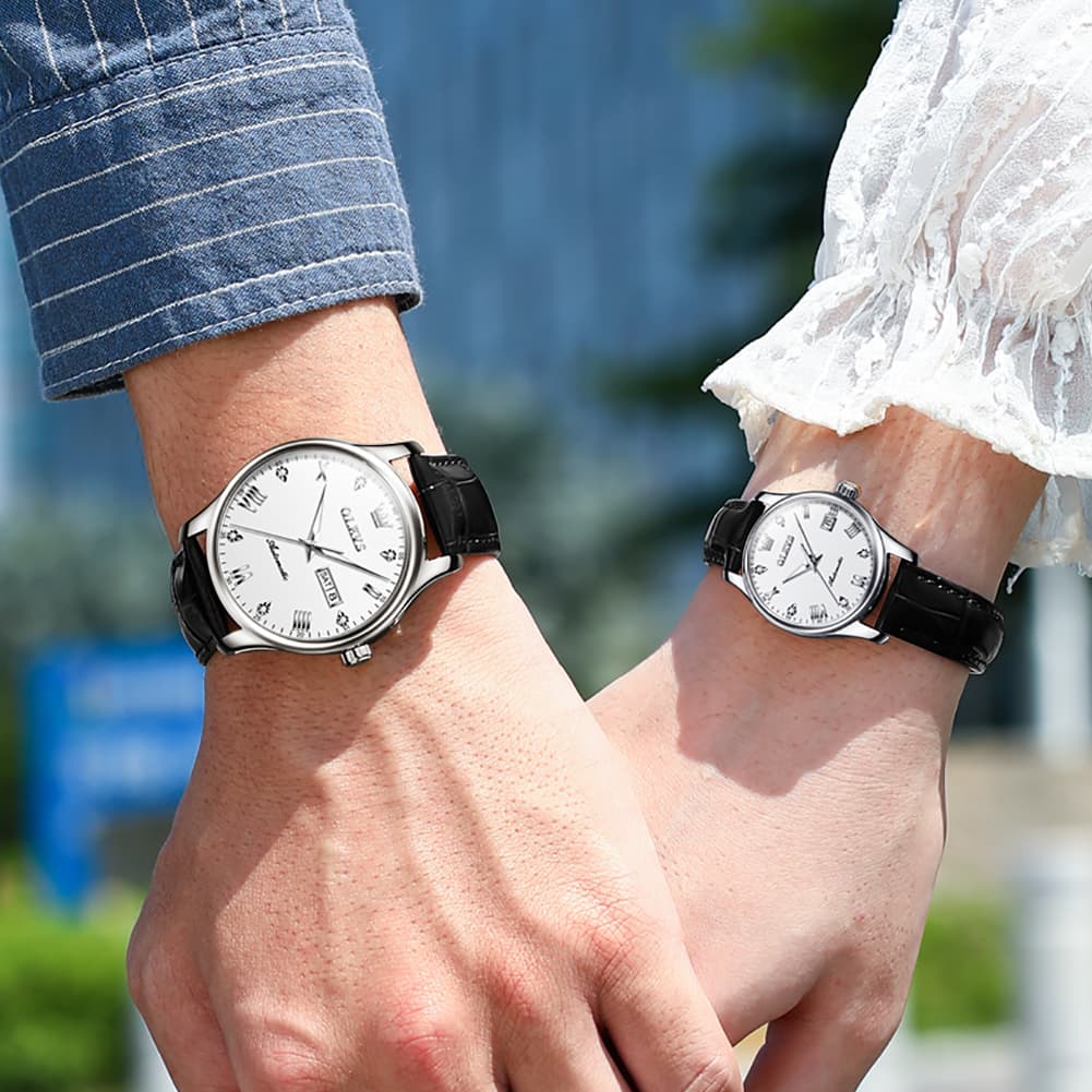 OLEVS Couple Watches Diamond Dial Automatic Mechanical Watch 9932 Leather Strap for His and Hers