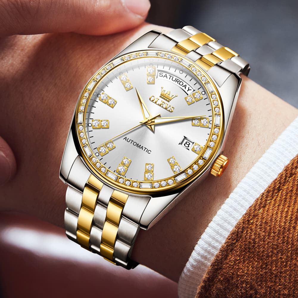 OLEVS Diamond Bezel Day Date Automatic Mechanical Watch 9802 for Men