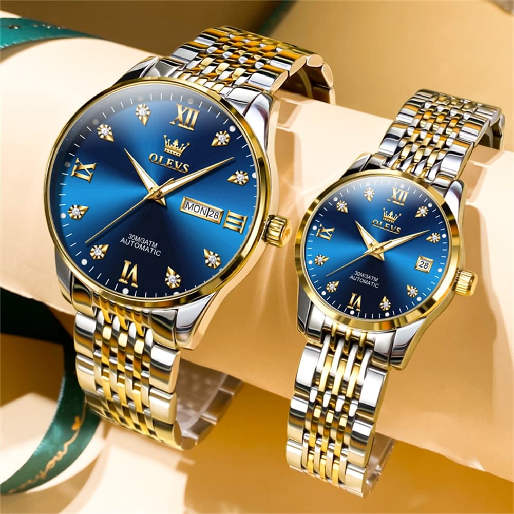 OLEVS 6673 Diamond Automatic Couple Watches Set