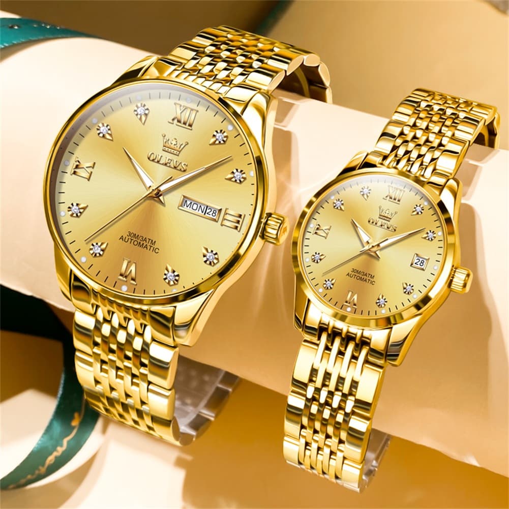OLEVS 6673 Diamond Automatic Couple Watches Set
