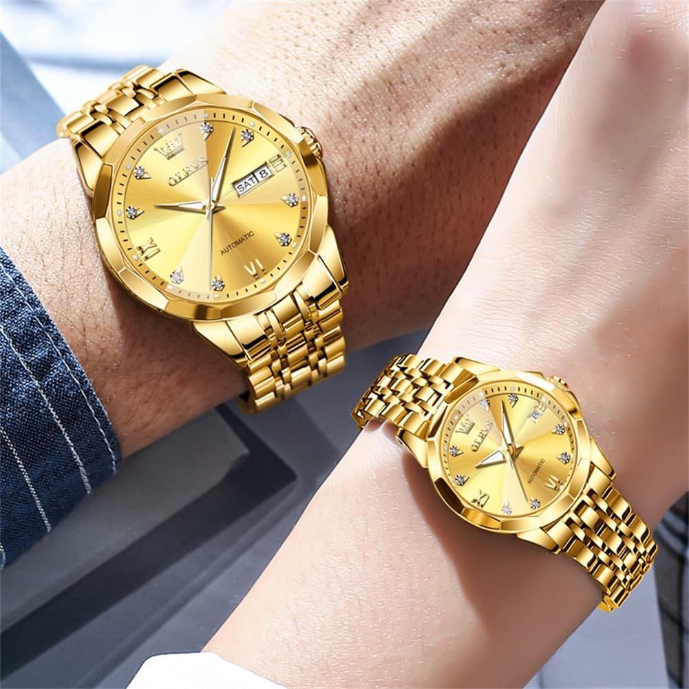OLEVS Couple Watches 3D Diamond Cut Mirror Automatic Watch 9982 Steel Band for His and Hers