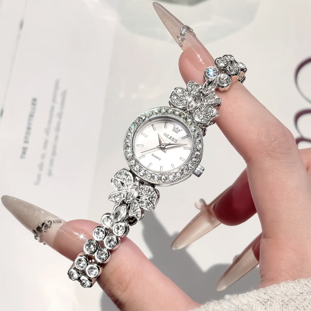 OLEVS 5887 Bow Knot Diamond Bracelet Watch Silver Zirconia Quartz Jewelry Timepiece for Women