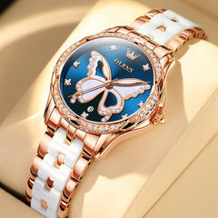 OLEVS Women Butterfly Watch Ceramic Rose Gold Diamond Date Quartz 5610