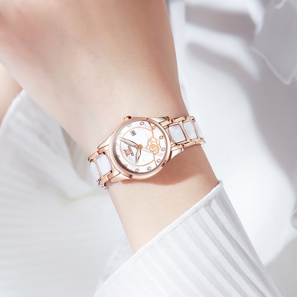 OLEVS 3606 Ceramic Rose Motif Quartz Watch for Women