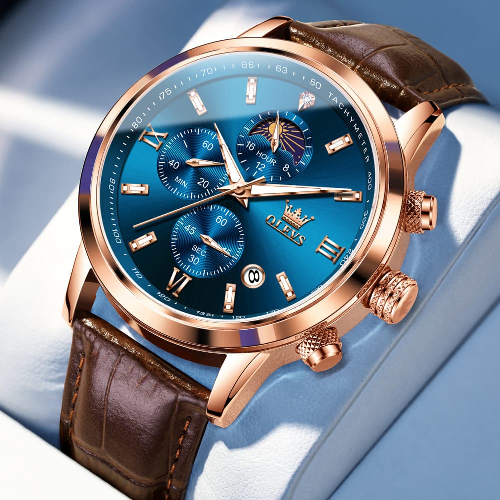 OLEVS 9812 Moon Phase Chronograph Leather Watch for Men