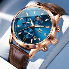 OLEVS 9812 Moon Phase Chronograph Leather Watch for Men