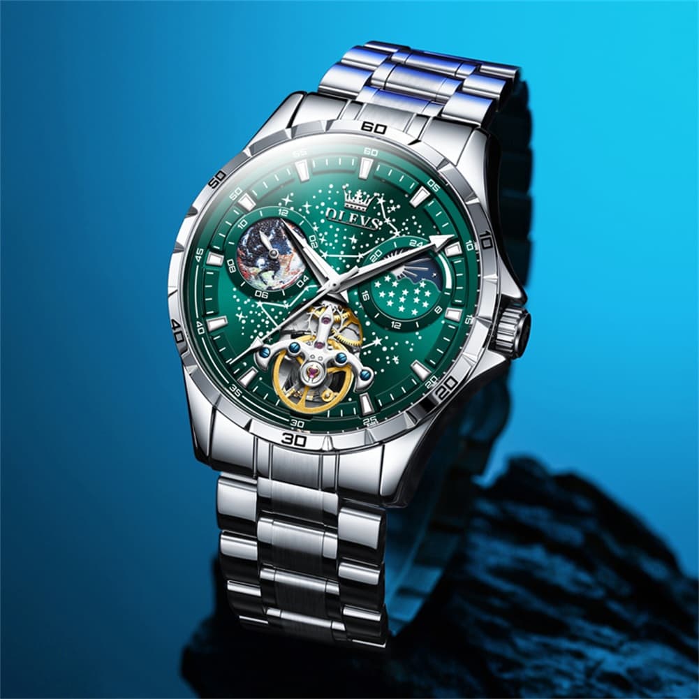 OLEVS 6689 Automatic Skeleton Starry Sky Leather Steel Watch for Men