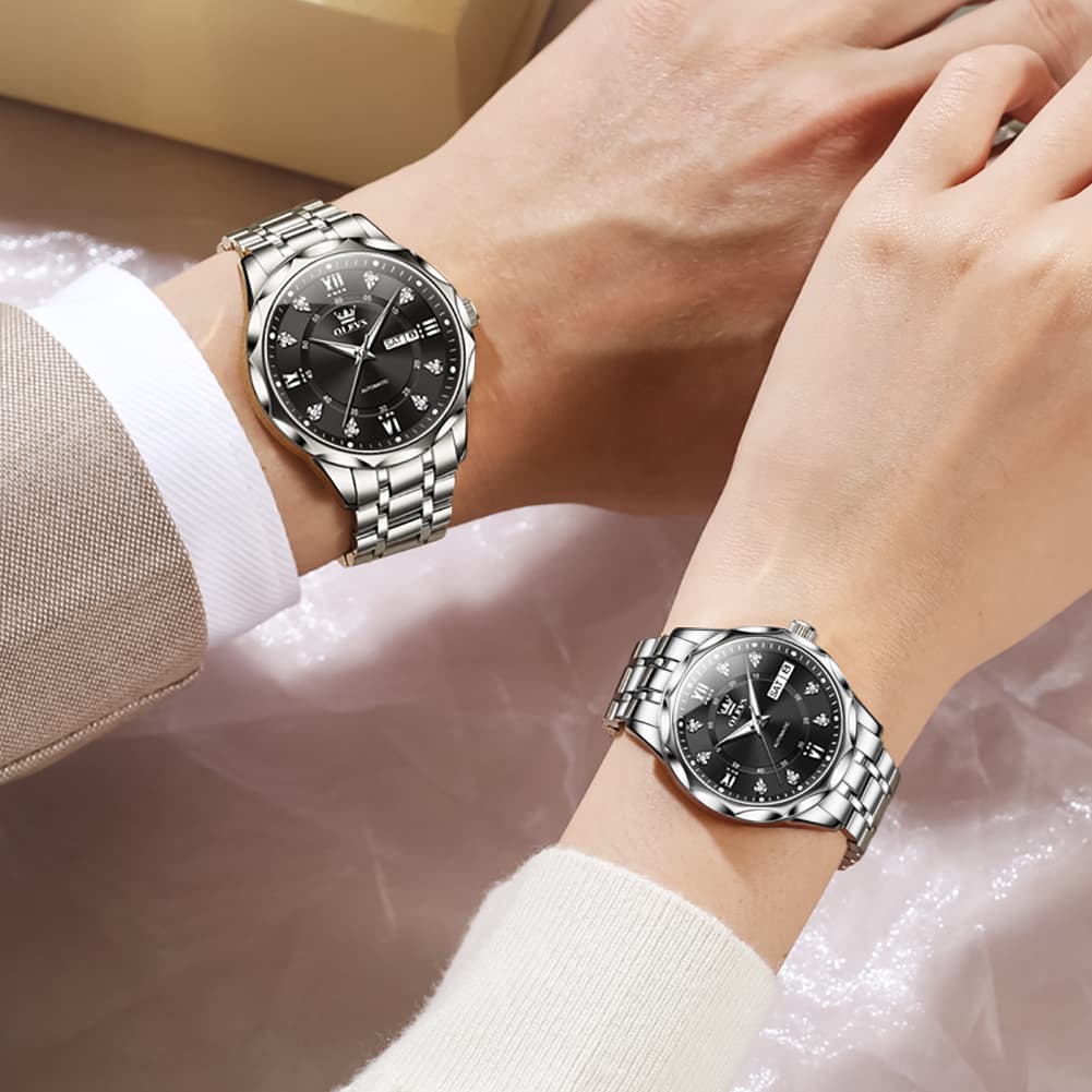 OLEVS 6727 Automatic Diamond Mechanical Watch Set For Couples