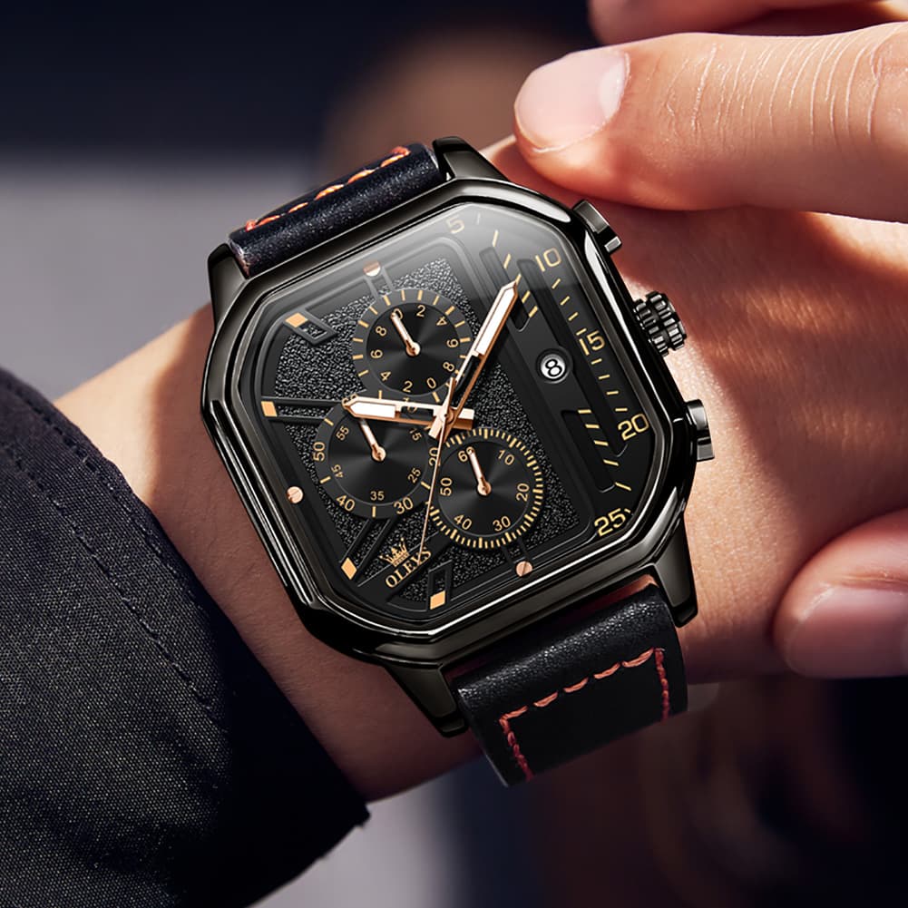 OLEVS 9950 Octagonal Case Chronograph Leather Watch for Men