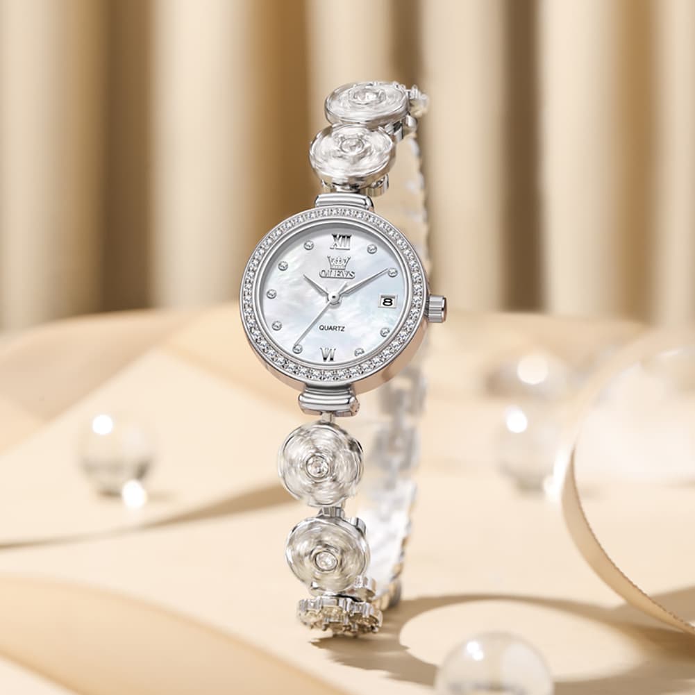 OLEVS Women Spinning Flower Watch Peach Blossom Crystal Mother of Pearl Date Quartz 5638