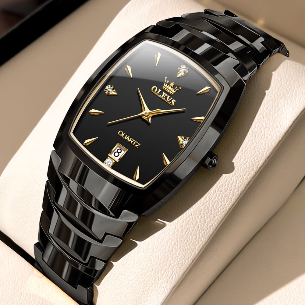 OLEVS 7006 Tungsten Steel Watch Tonneau Case Couple Diamond Accent Quartz Luxury Timepiece for Men and Women
