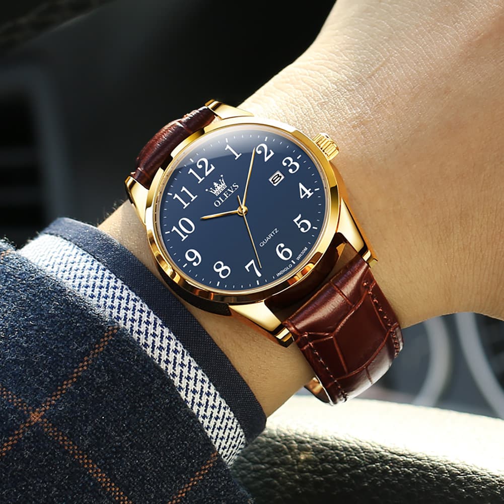 OLEVS Men Classic Leather Dress Watch Arabic Numerals Quartz Date 5566