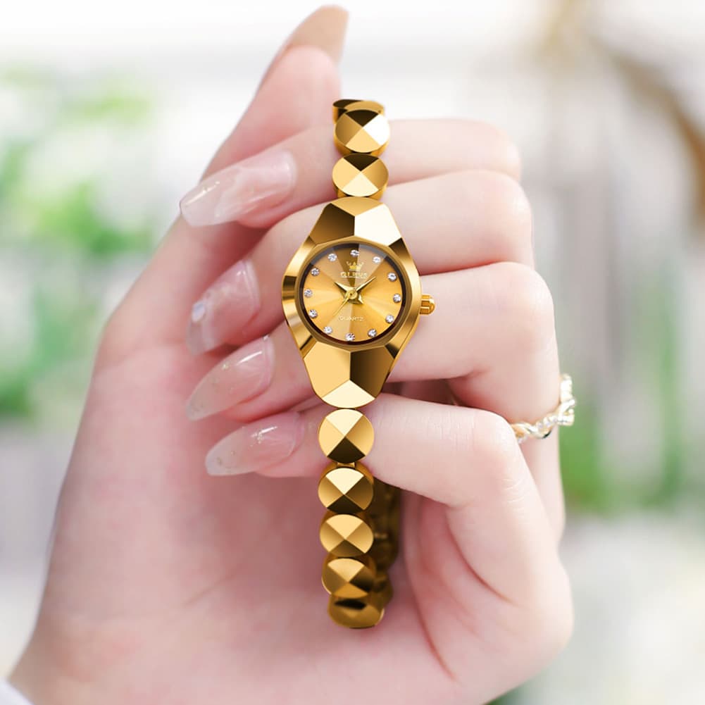 OLEVS 7007 Tungsten Steel Watch Dainty Faceted Bracelet Diamond Accent Quartz Luxury Timepiece for Women