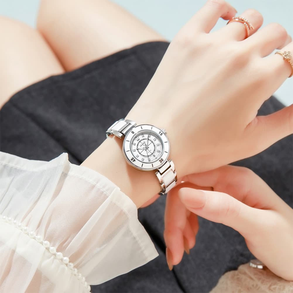 OLEVS 7083 White Ceramic Watch Sport Luxe Diamond Accent Stainless Steel Bracelet Quartz Timepiece for Women