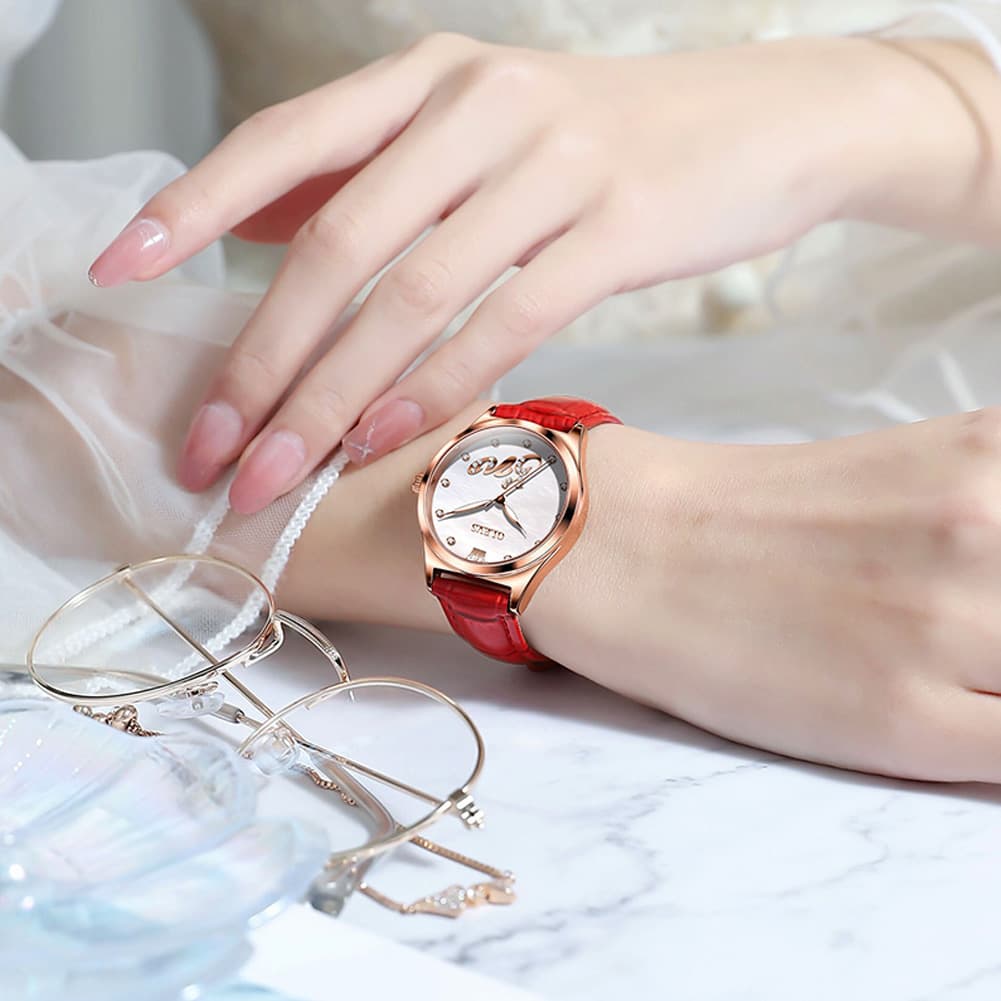 OLEVS 5581 Love Motif Diamond Watch Rose Gold Leather Strap Romantic Gift Timepiece for Women