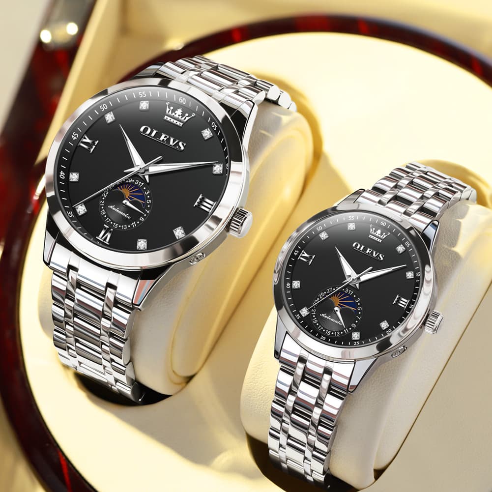 OLEVS 7041 Solid Steel Moon Phase Couples Watch Set