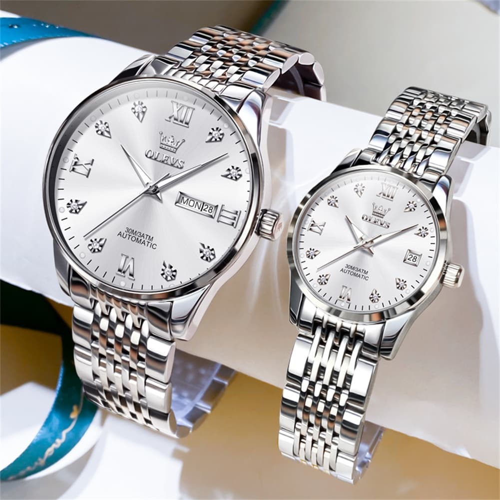 OLEVS 6673 Diamond Automatic Couple Watches Set