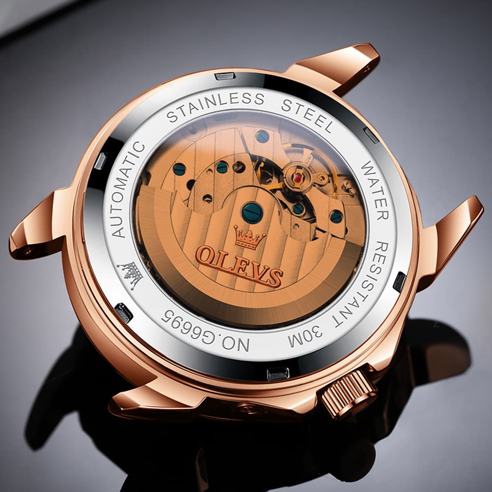 OLEVS 6695P Baguette Diamond Leather Mechanical Watch for Men