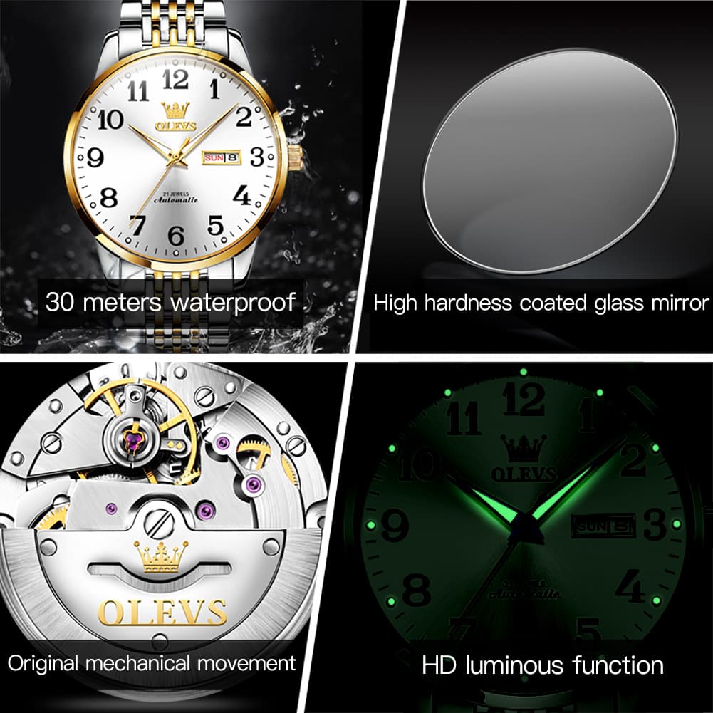 OLEVS 6666 Stainless Steel Mechanical Big Numeral Watch for Men