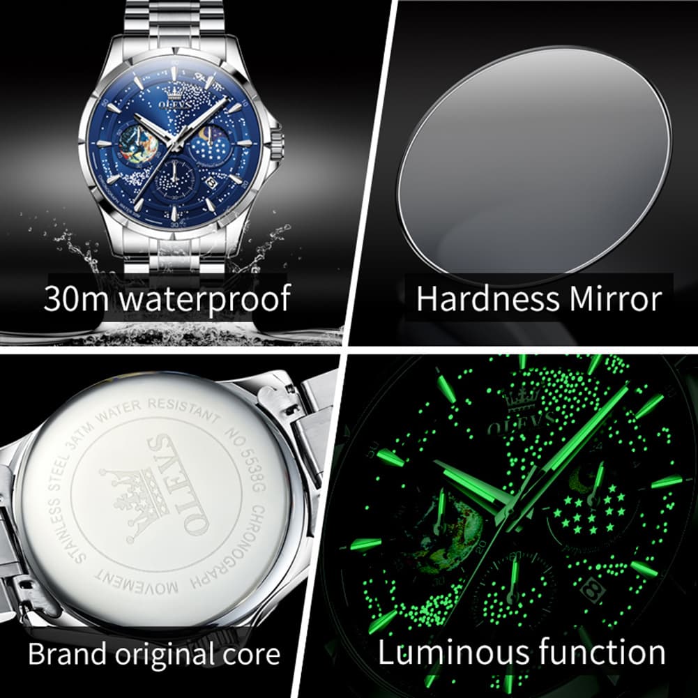 OLEVS Starry Sky Moon Phase Watch for Men Stainless Steel 5538