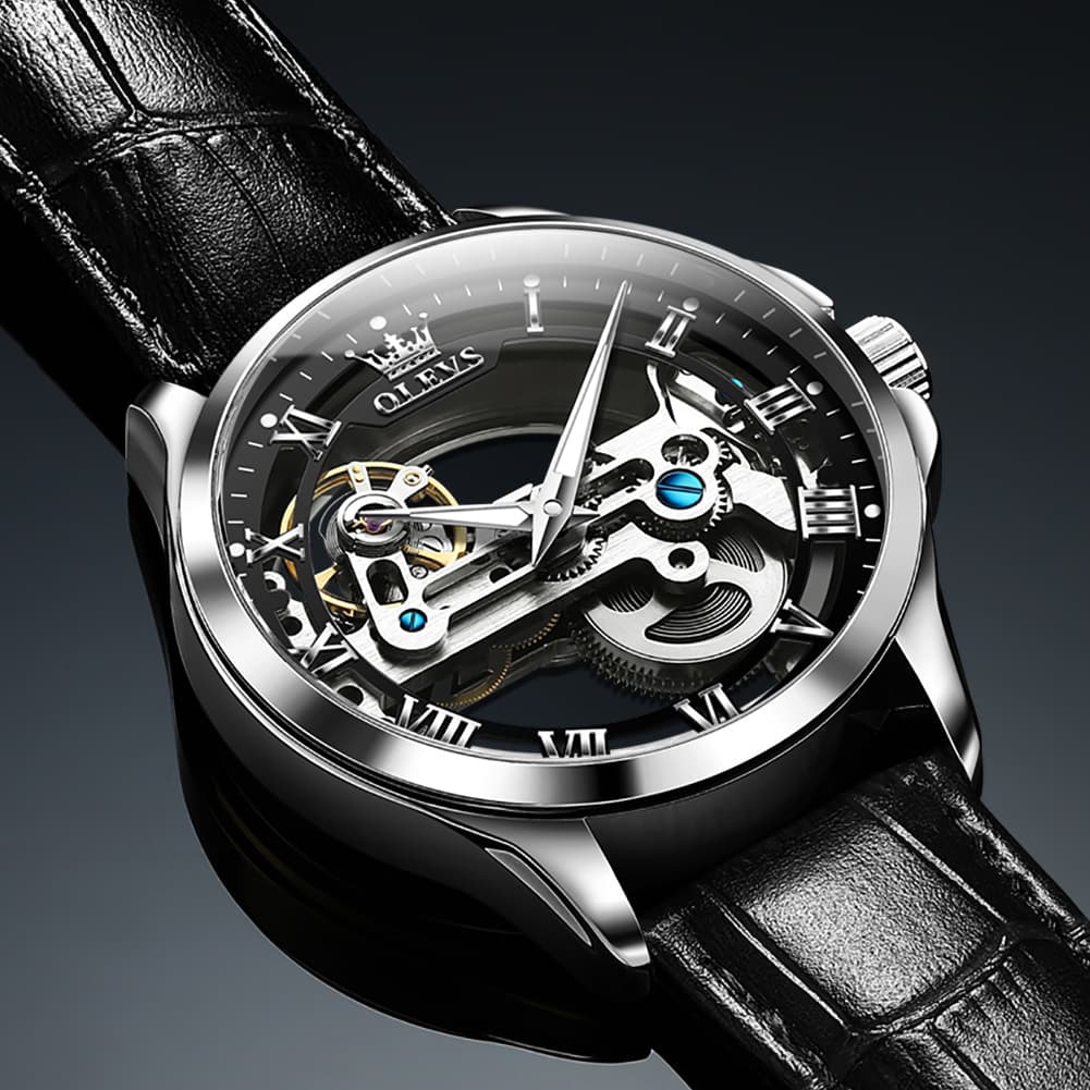 OLEVS 6661 Leather Skeleton Mechanical Watch for Men