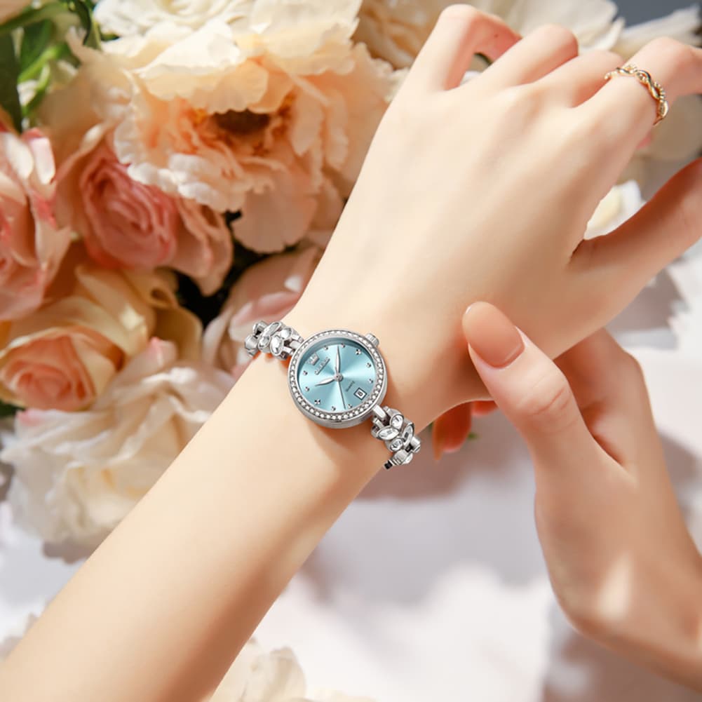 OLEVS 5679 Crystal Cluster Bracelet Watch Zircon Bezel Date Quartz Jewelry Timepiece for Women