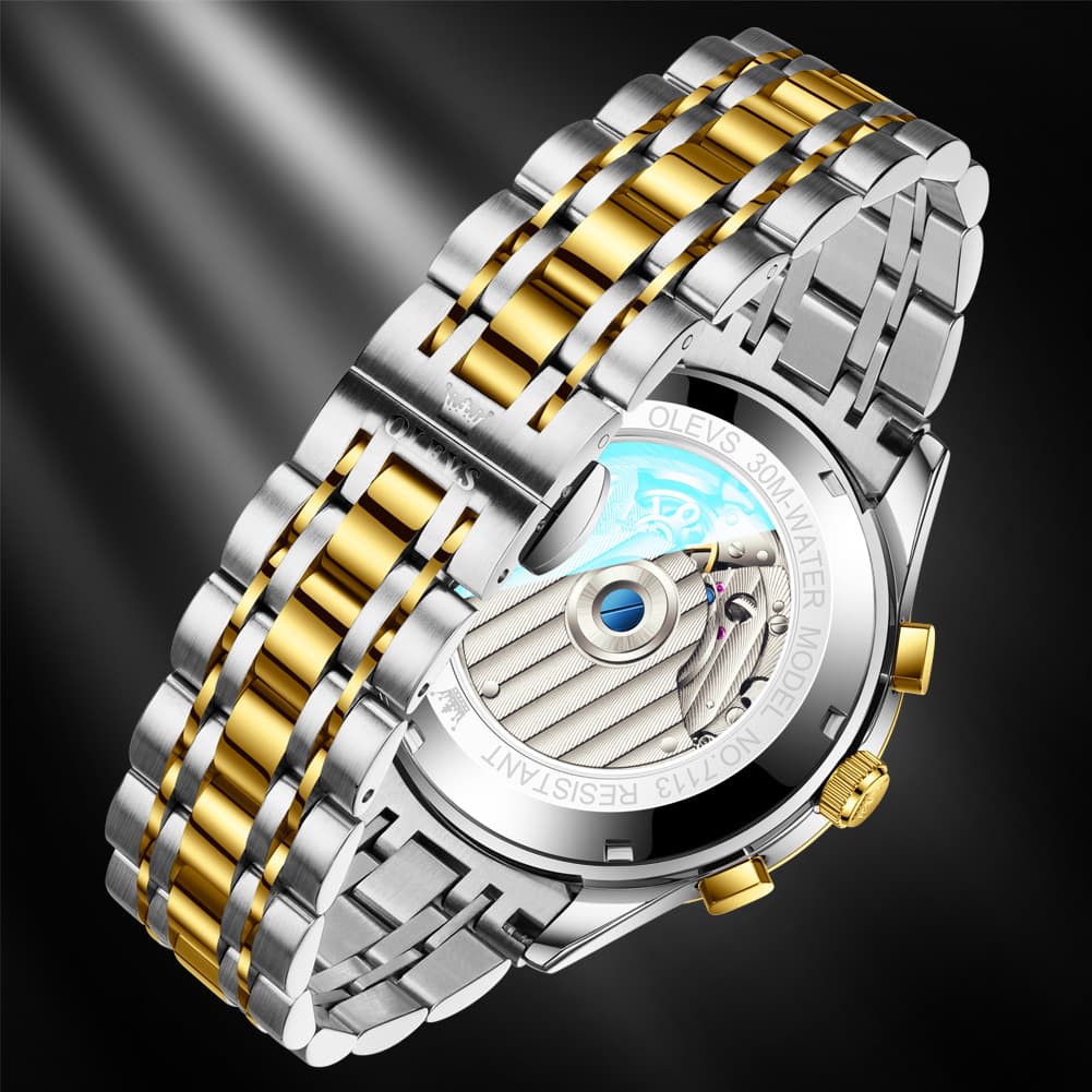 OLEVS 7113 Diamond Cut Glass Moon Phase Automatic Mechanical Watch for Men