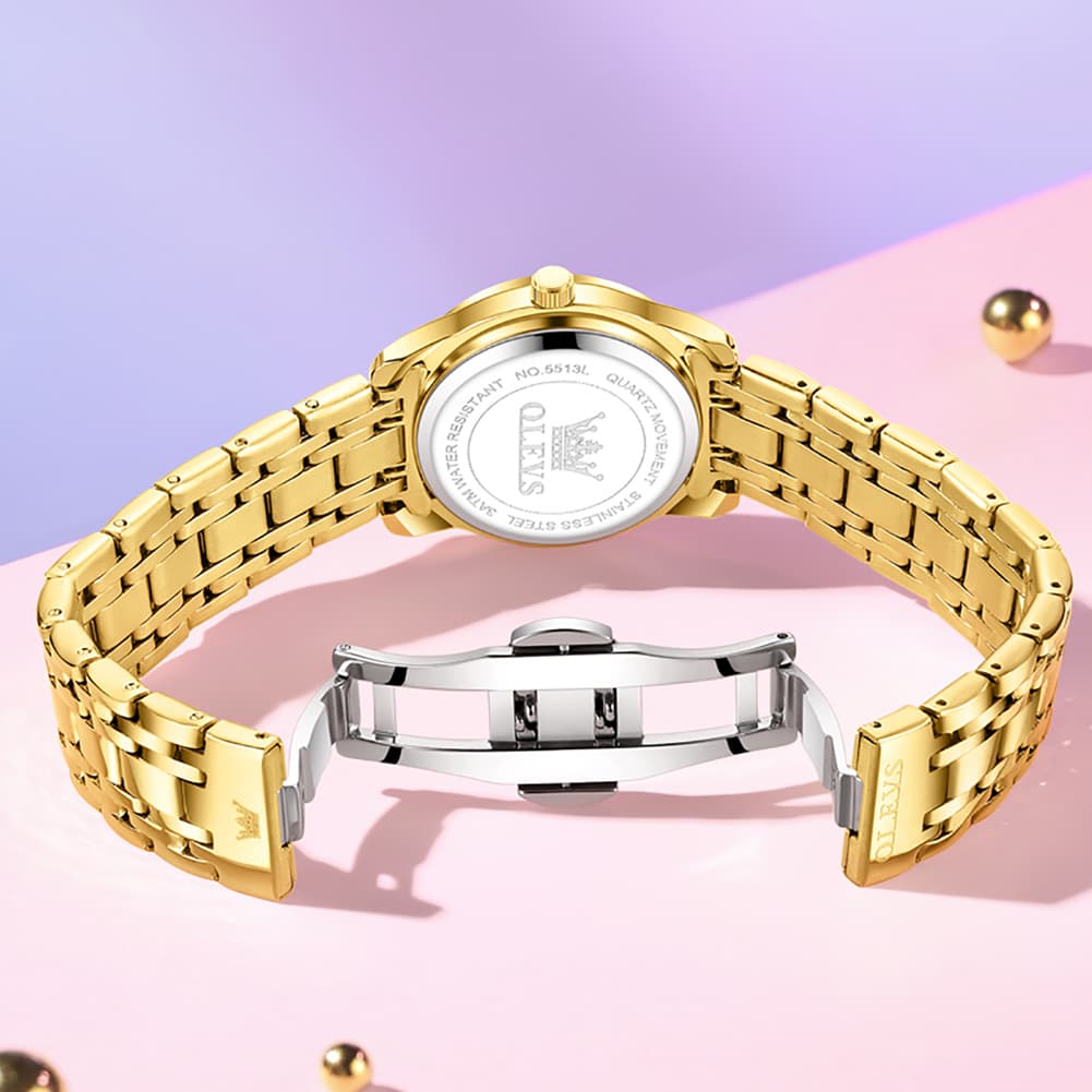 OLEVS Diamond Dial Day Date Quartz Watch 5513 Steel Band for Women