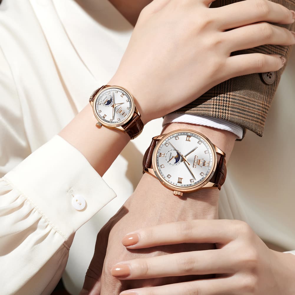 OLEVS 7039 Leather Moon Phase Couples Watch Set
