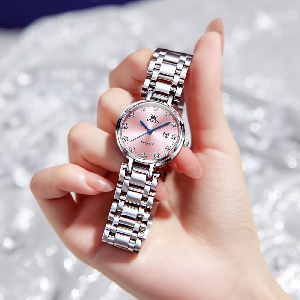 OLEVS Women Lucky Diamond Dress Watch Stainless Steel Quartz Date 5575
