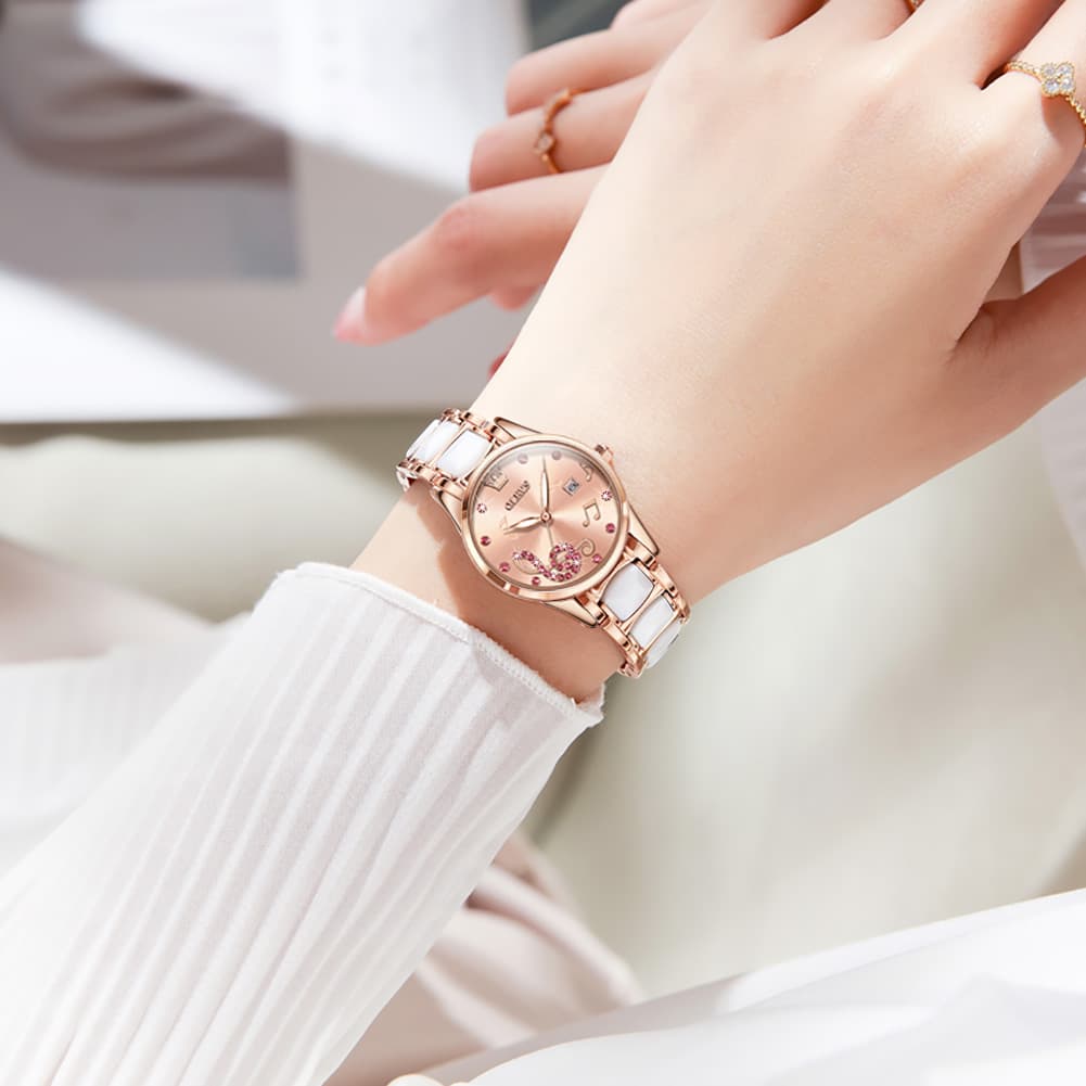 OLEVS 3605 Ceramic Musical Note Quartz Watch for Women