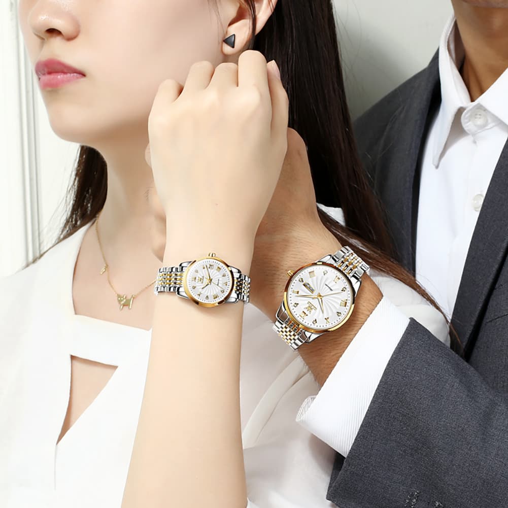 OLEVS 6630 Sunburst Mechanical Couple Watches Set