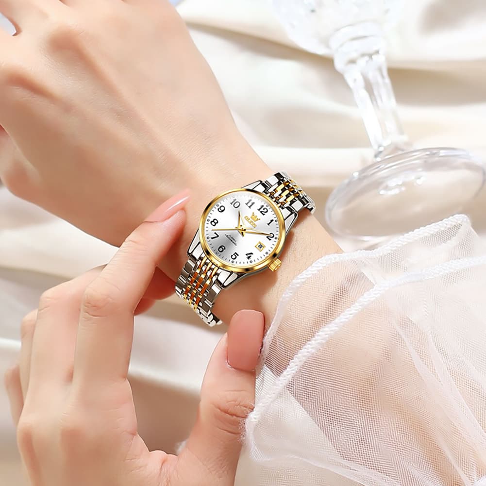 OLEVS 6666N Stainless Steel Mechanical Big Numeral Watch for Women