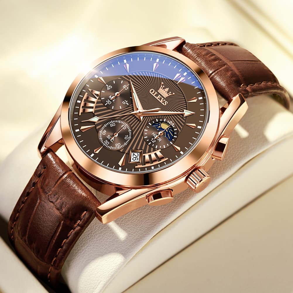 OLEVS 2876 Luxury Moon Phase Chronograph Leather Watch for Men