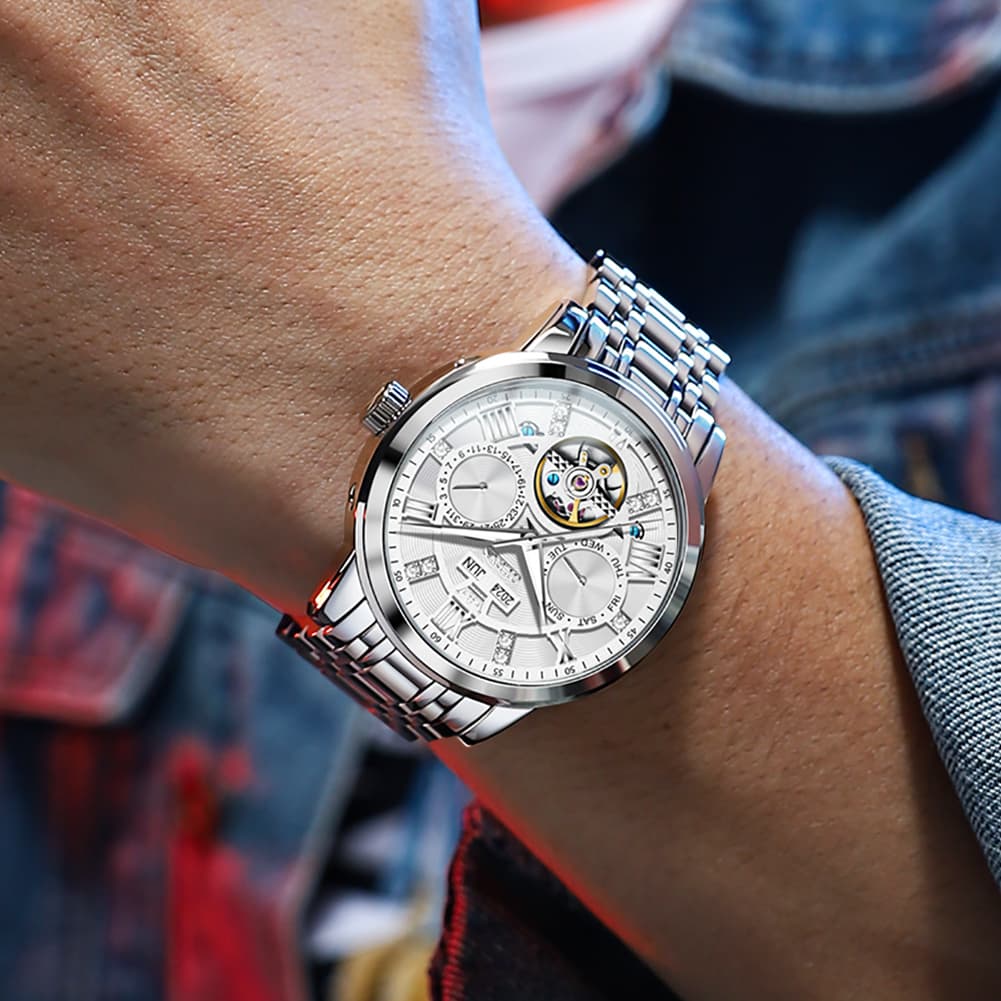 OLEVS 6701 Skeleton Automatic Mechanical Stainless Steel Watch For Men
