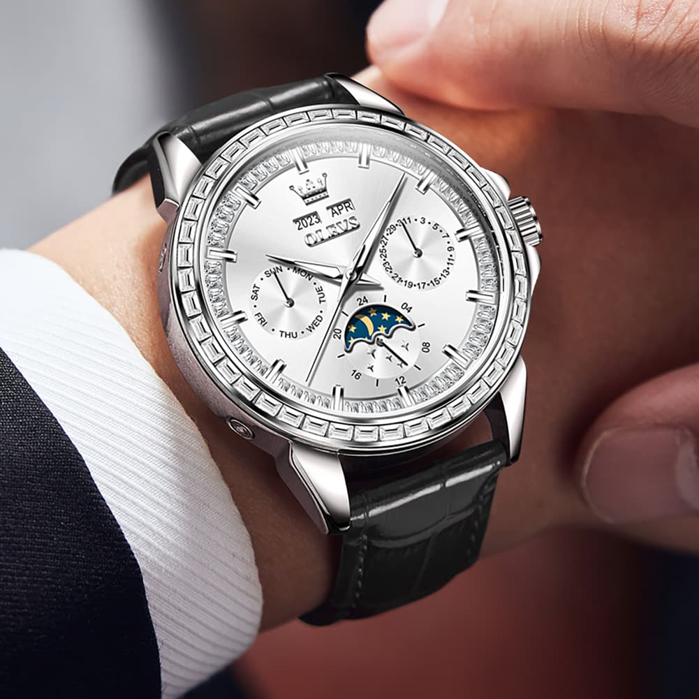 OLEVS 6695P Baguette Diamond Leather Mechanical Watch for Men