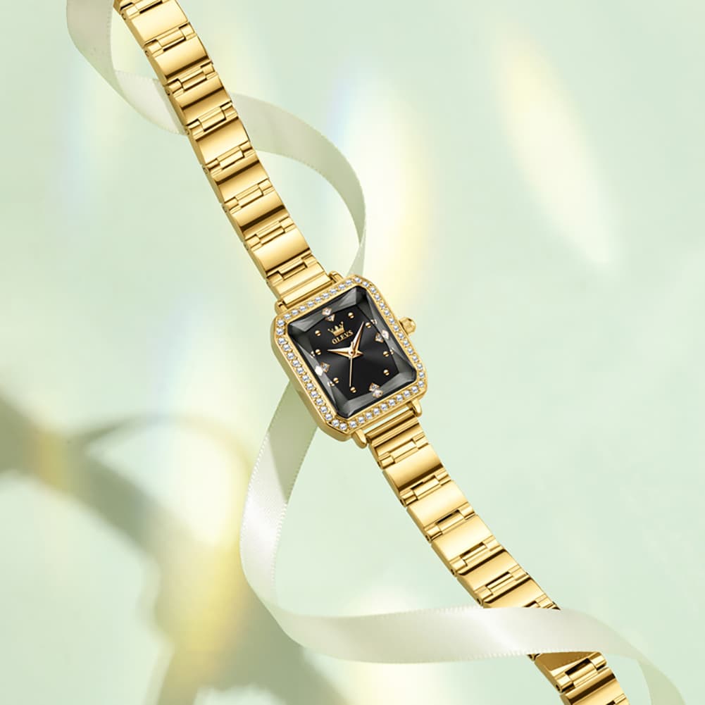 OLEVS 5688 Beveled Edge Crystal Rectangular Watch Diamond Bezel Stainless Steel Quartz Timepiece for Women