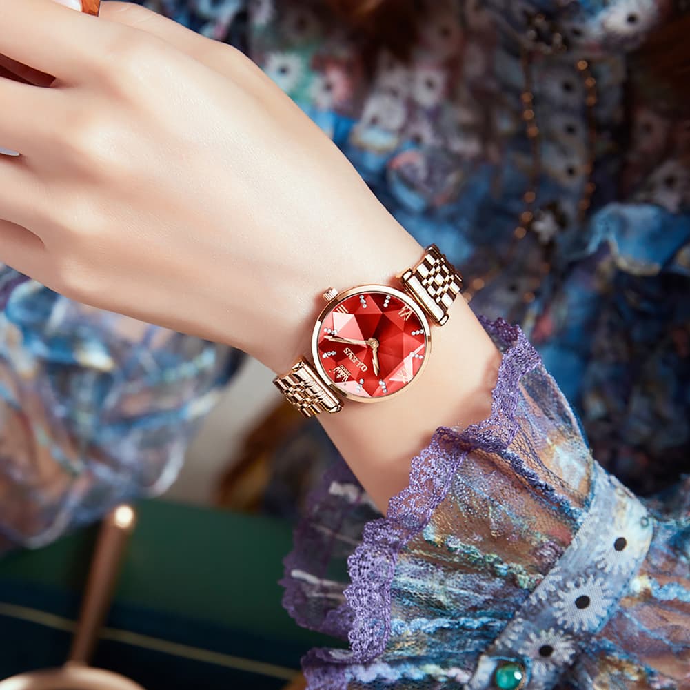 OLEVS 6642 Prism Cut Crystal Watch Rose Gold Stainless Steel Japan Quartz Timepiece for Women