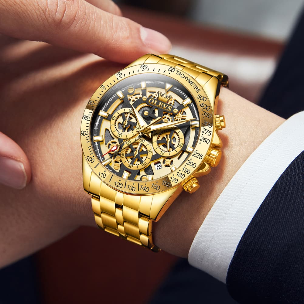 OLEVS 9913 Skeleton Dial Chronograph Gold Quartz Watch for Men