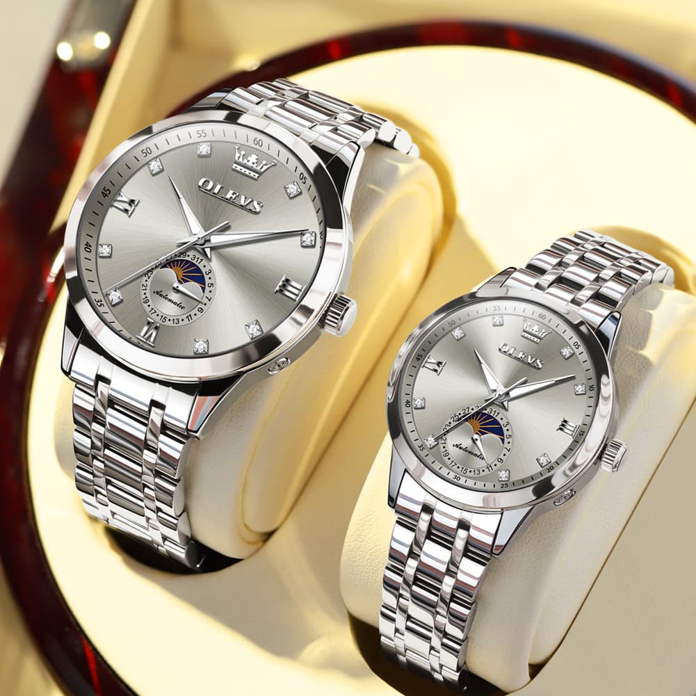 OLEVS 7041 Solid Steel Moon Phase Couples Watch Set
