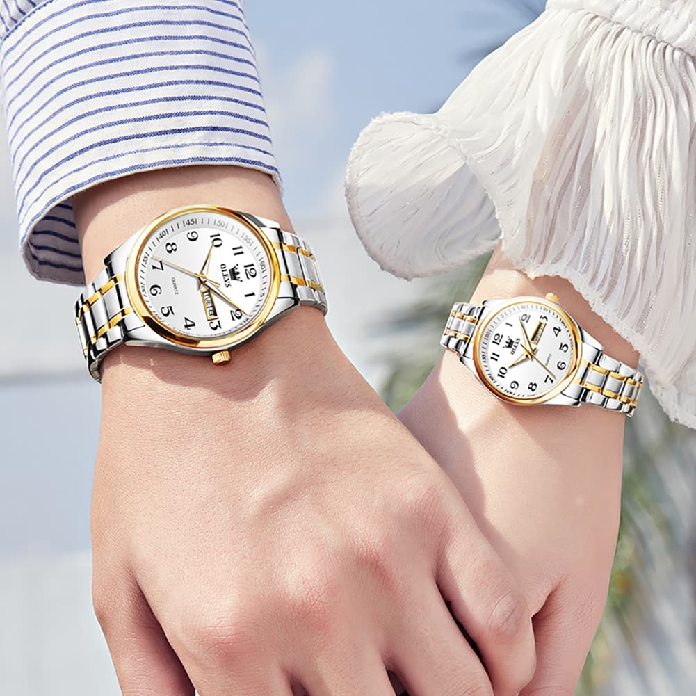 OLEVS Men and Women Couple Watch Stainless Steel Quartz Day Date Arabic Numerals 5567