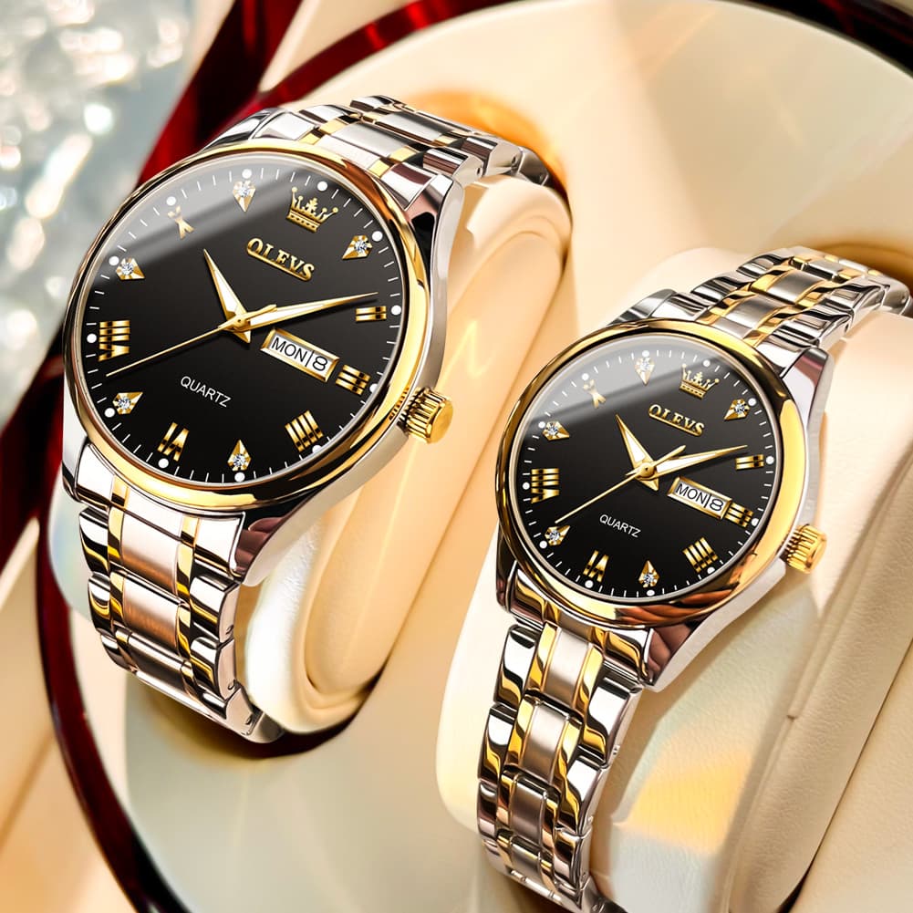 OLEVS His and Hers Couple Watches Set Two Tone Stainless Steel Quartz Day Date 5563Q