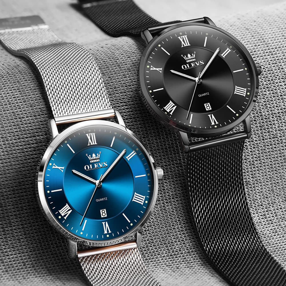 OLEVS Men Milanese Mesh Watch Ultra Slim Stainless Steel Date Quartz 5623