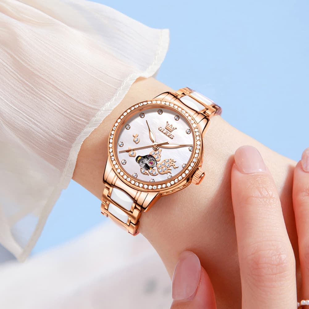 OLEVS 7001 Koi Skeleton Ceramic Mechanical Watch for Women