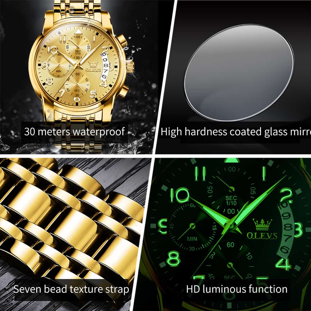 OLEVS 2879 Luxury Gold Pilot Chronograph Watch for Men