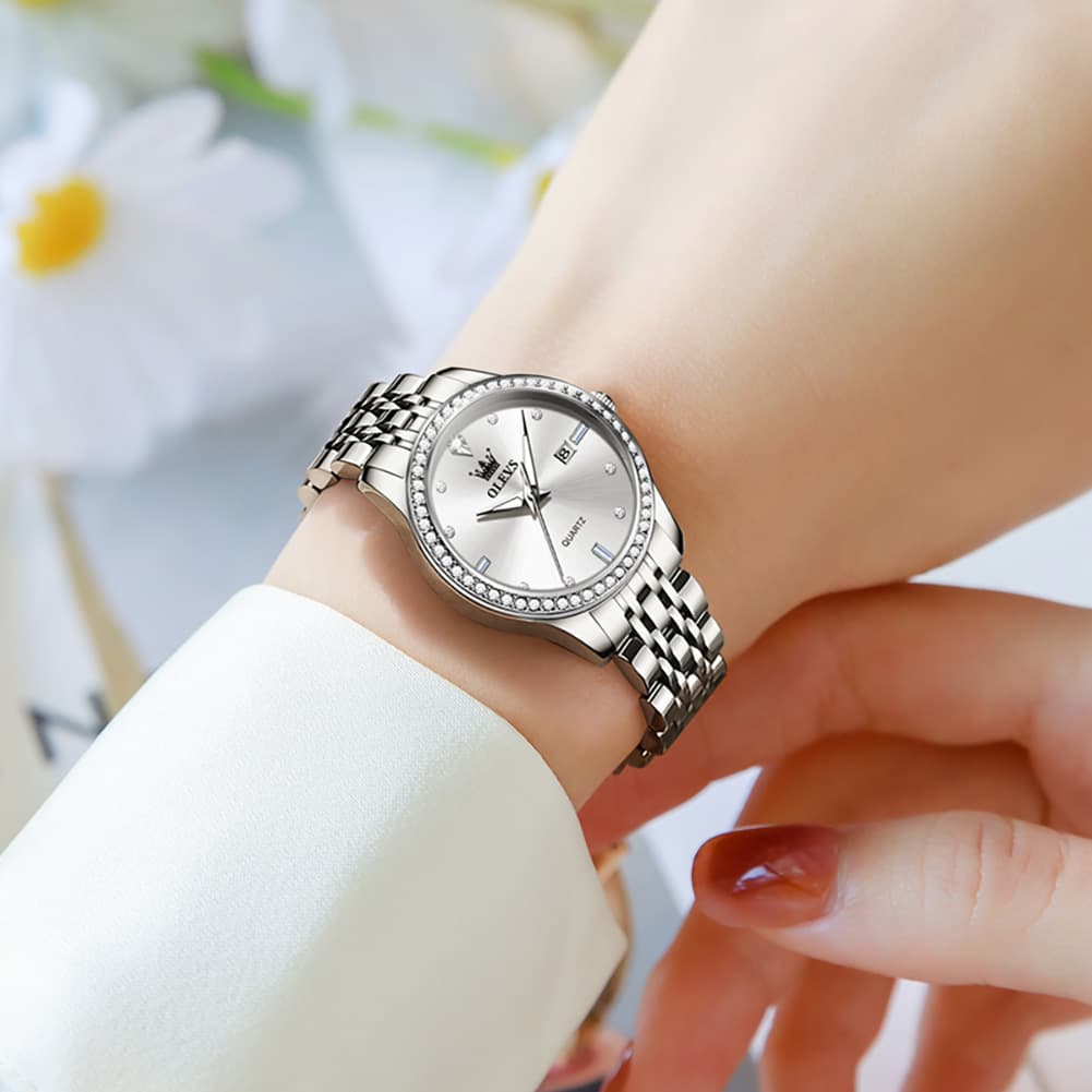 OLEVS 3625 Diamond Bezel Quartz Steel Watch for Women
