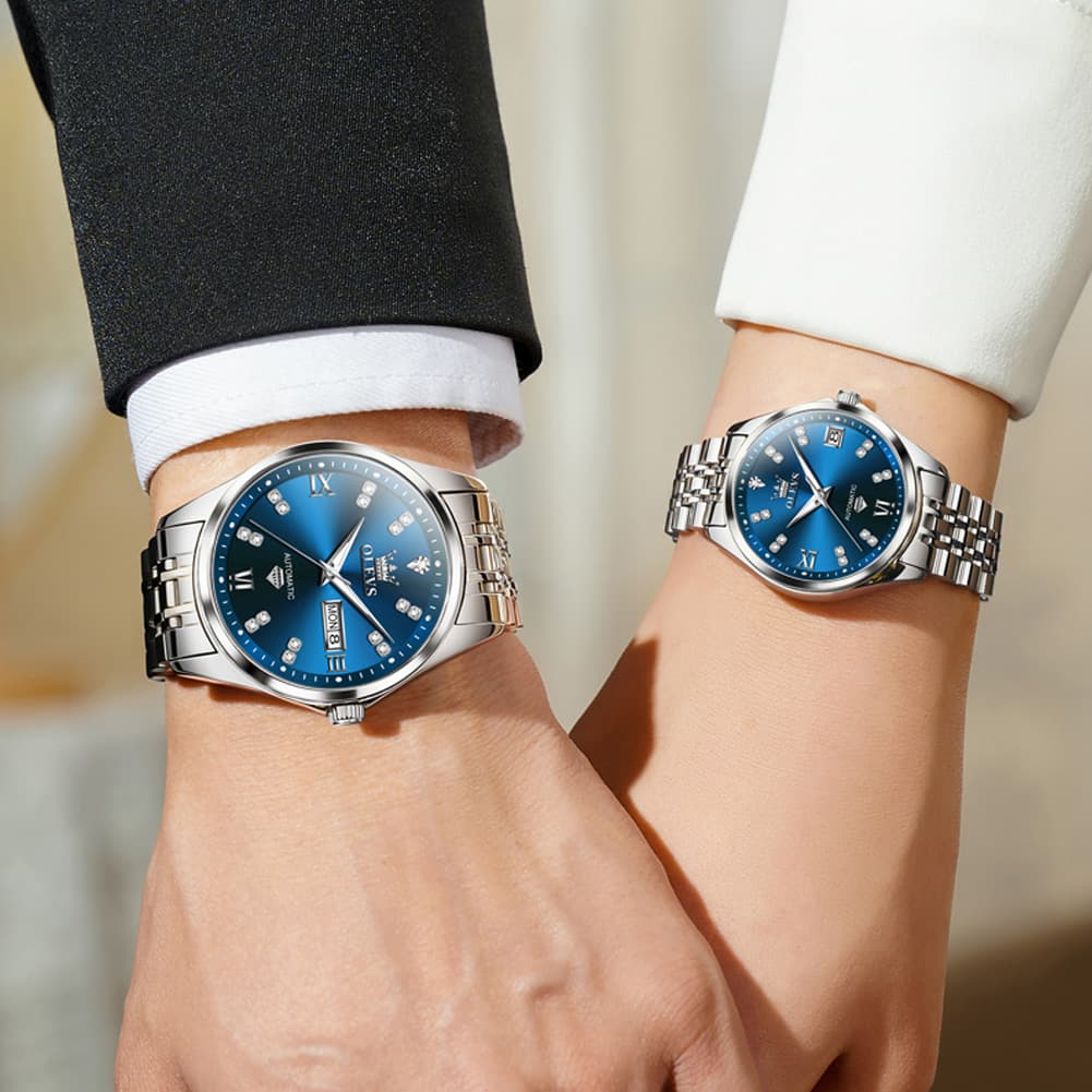 OLEVS Couple Watches Set Automatic Mechanical Diamond Dial 9801 for His and Hers