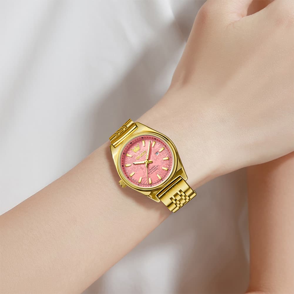 OLEVS 3703 Elegant Textured Dial Stainless Steel Womens Watch
